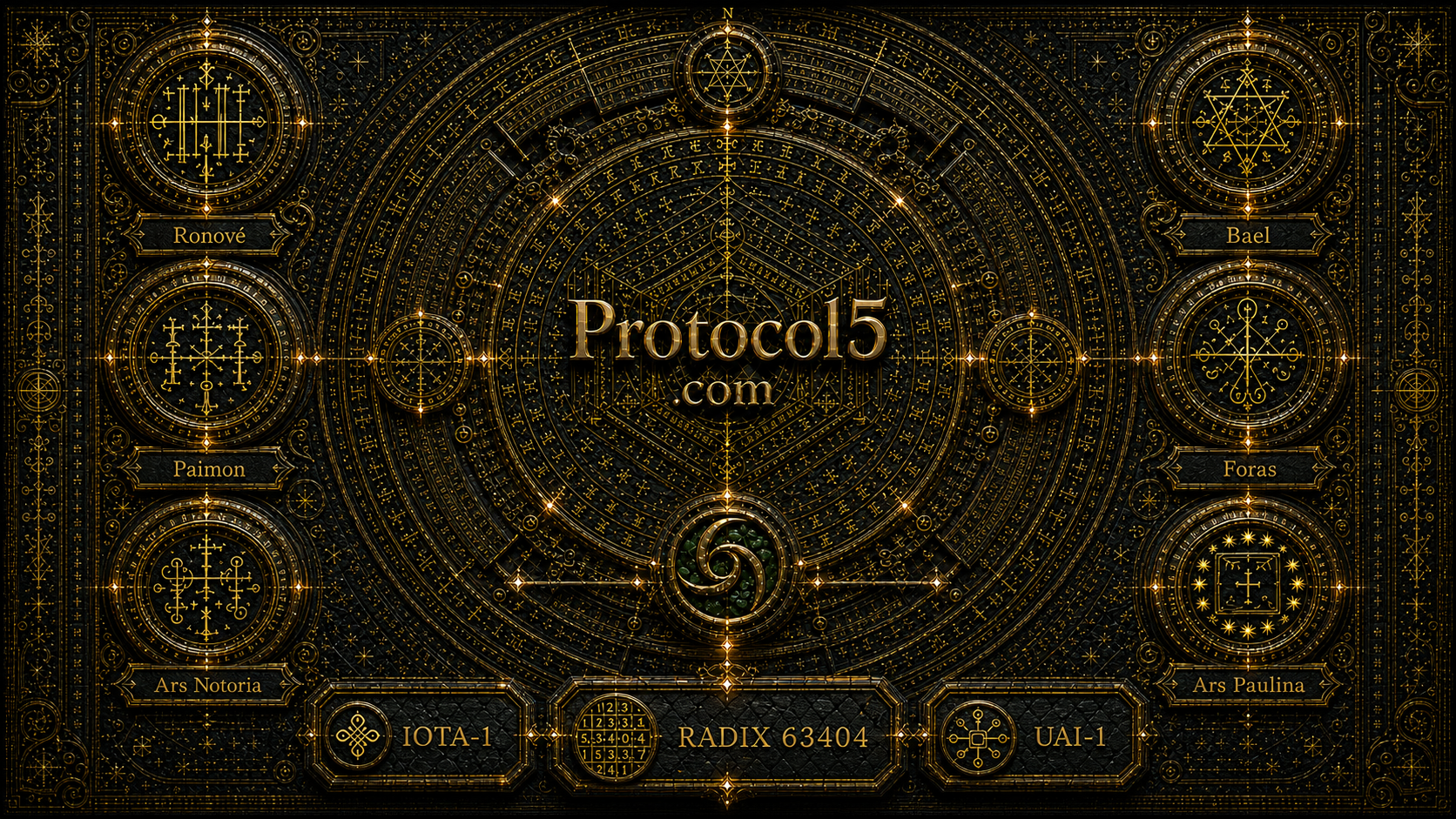 Protocol5.com gateway with navigation labels for Ronove, Paimon, Ars Notoria, IOTA-1, RADIX 63404, UAI-1, Bael, Foras, and Ars Paulina.